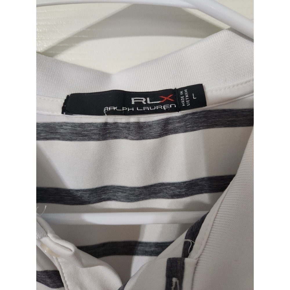 RLX Ralph Lauren Golf Polo Grey White Striped Purple Trim Spanish Oaks Shirt, L - Picture 4 of 4